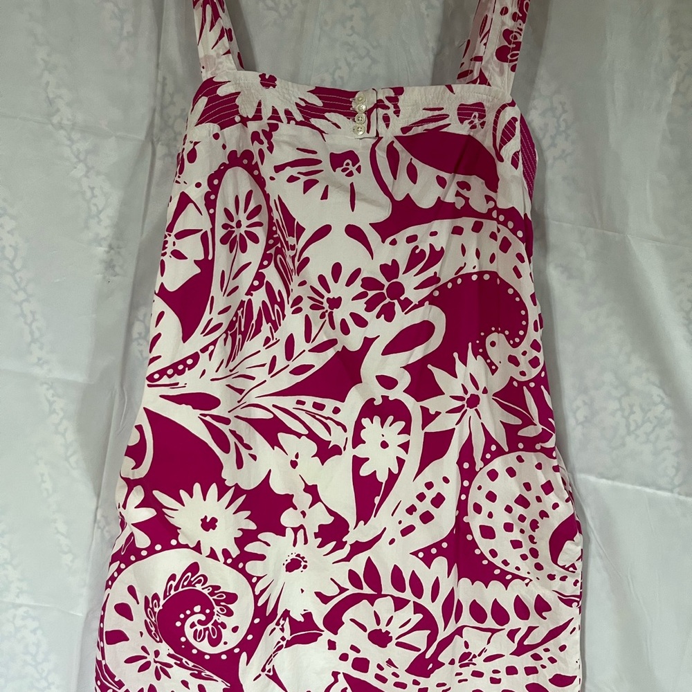 J Crew fuchsia and white shift dress with white button detail at chest.Size12,EC